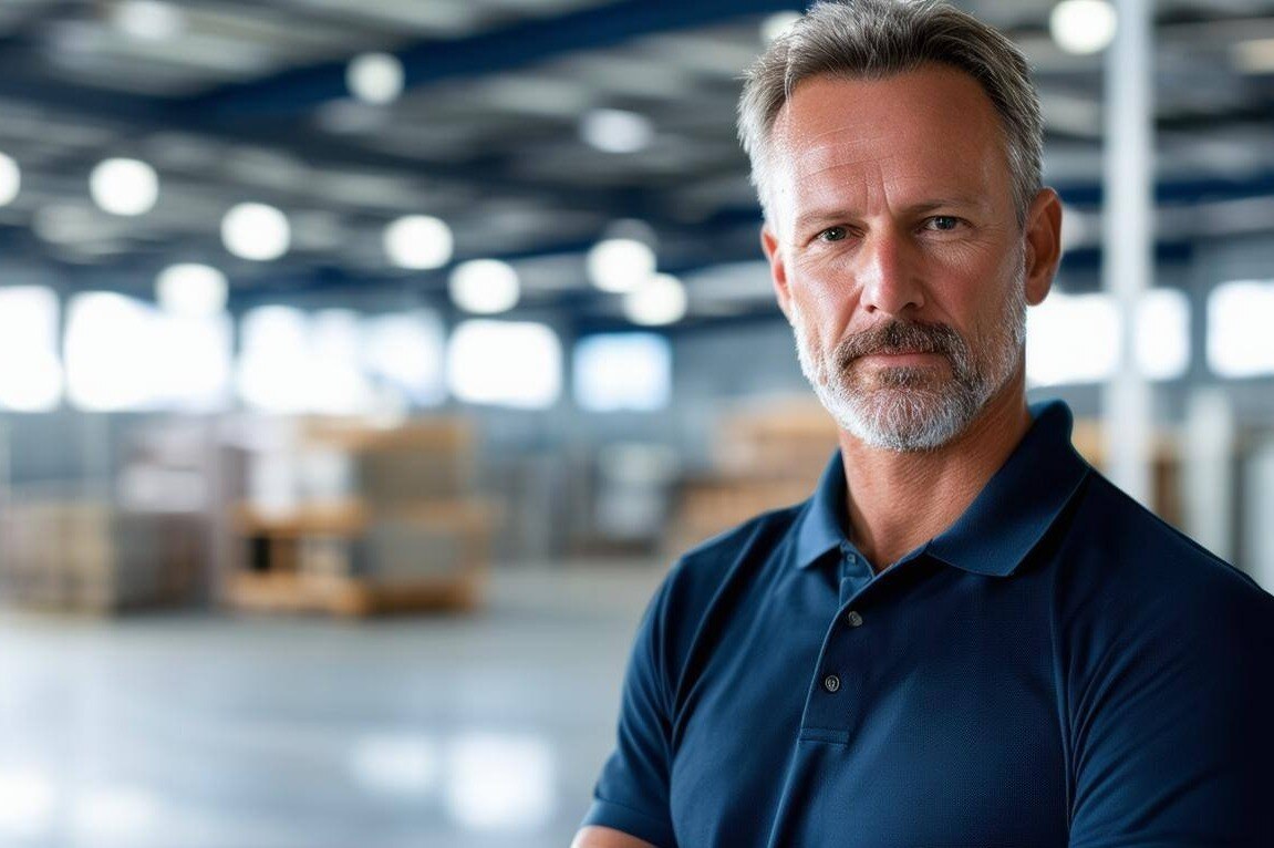 an executive dressed in a polo shirt with a blurred industrial background-1