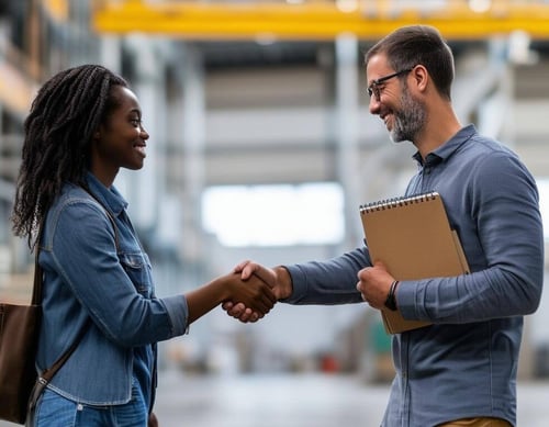 one younger middle aged white male, carrying a notebook, shakes hands with an african american female-3-1 one younger middle aged white male, carrying a notebook, shakes hands with an african american female-3-1